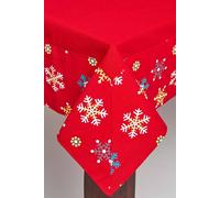 HOMESCAPES Christmas Tablecloth, Rectangular Cotton Xmas Table Cloth, Handcrafted & Durable Festive Snowflake Dining Table Cover with Hem Stitch, Hypoallergenic, Washable, Red -137x229cm