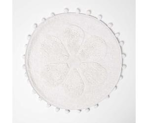HOMESCAPES Cotton Flower Bath Mat White Super Absorbent Floral Tufted Round Bathmat with Pom Poms, 60 cm Round