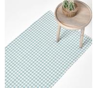 HOMESCAPES Cotton Hand Woven Gingham Check Rug - Blue - 66 x 200 cm