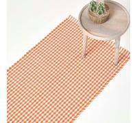 HOMESCAPES Cotton Hand Woven Gingham Check Rug - Orange - 66 x 200 cm
