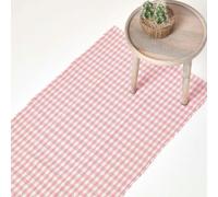 HOMESCAPES Cotton Hand Woven Gingham Check Rug - Pink - 66 x 200 cm