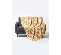 HOMESCAPES Large Mustard Knitted Throw Soft Cotton Geometric Blanket Handwoven Warm and Cosy Dark Yellow and Off White 100% Cotton Chevron Herringbone Sofa and Bed Throw, 150 x 200 cm