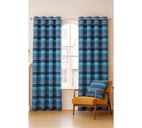Homescapes Cotton Morocco Striped Curtain Pair In Blue Blue 167cm width x 183cm drop