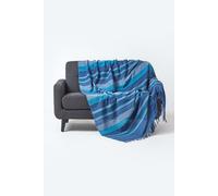HOMESCAPES Blue Throw “Morocco” Cotton Textured Stripe Throw 150 x 200 cm Bedspread Sofa Throw Handmade Suitable for Armchairs and 2 Seater Sofas or Single and Double Beds Machine Washable