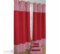 HOMESCAPES 100% Cotton Unlined Eyelet Curtain Pair - Polka Dots - Red - 117cm (46") Wide x 137cm (54") Drop