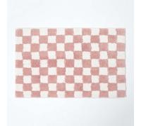 Homescapes Cotton Pink & White Check Bath Mat With Non Slip Backing, Soft Absorbent Bathroom Mat