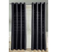 HOMESCAPES Black Rajput Eyelet Curtain Pair 167cm (66") Wide x 228cm (90") Drop 100% Cotton Ring Top Plain Curtains