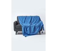 HOMESCAPES - Rajput Ribbed Throw - 90 x 100 Inches - Plain Blue - Handmade 100% Cotton - Suitable for most 3 Seater Sofas - Double King bedspreads - Easy care washable at home