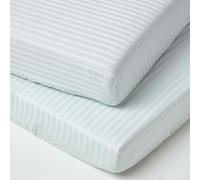 HOMESCAPES Cotton Stripe Cot Bed Fitted Sheets 330 Thread Count, 2 Pack - Blue