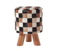 Homescapes Cream Brown and Tan Hide Check Stool with Wooden Legs
