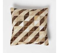 HOMESCAPES Cream & Brown Leather Cushion 45 x 45 cm Diamond Check Cushion With Suede Reverse Real Leather Modern Accent Pillow for Sofa Cushion Insert Included