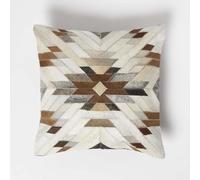 HOMESCAPES Cream & Brown Leather Cushion 45 x 45 cm Geometric Star Cushion With Suede Reverse Real Leather Modern Accent Pillow for Sofa Cushion Insert Included