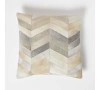 HOMESCAPES Cream & Grey Leather Cushion 45 x 45 cm Chevron Cushion With Suede Reverse Real Leather Modern Accent Pillow for Sofa Cushion Insert Included