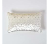 HOMESCAPES Cream Rectangular Crushed Velvet Cushion Cover with Embroidered Design Super Soft Off White Luxury Decorative Scatter Cushion 30 x 50 cm Throw Pillow for Sofa or Bed with Zip Closure