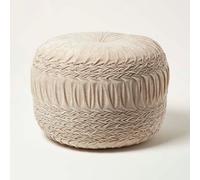 Homescapes Cream Velvet Pouffe, Sofia Pleated Ottoman Footstool, Soft Round Velvet Seat For Living Room Or Bedroom