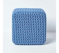 Homescapes Blue Cube Cotton Knitted Pouffe Footstool