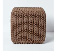 HOMESCAPES Cube Cotton Knitted Pouffe Footstool Bean Filled Hand Knitted - Chocolate