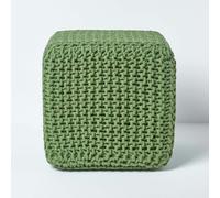 Homescapes Cube Cotton Knitted Pouffe Footstool in Dark Green Homescapes Dark Green