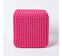 HOMESCAPES Cube Cotton Knitted Pouffe Footstool Bean Filled Hand Knitted - Hot Pink