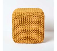 Homescapes Cube Cotton Knitted Pouffe Footstool in Mustard Homescapes Mustard