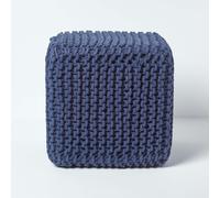 HOMESCAPES Cube Cotton Knitted Pouffe Footstool Bean Filled Hand Knitted - Navy Blue