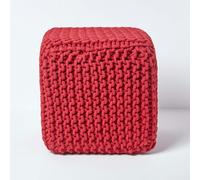 HOMESCAPES Cube Cotton Knitted Pouffe Footstool Bean Filled Hand Knitted - Red