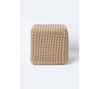 Homescapes Cube Cotton Knitted Pouffe Footstool In Beige Beige