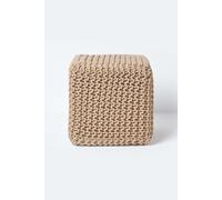 Homescapes Cube Cotton Knitted Pouffe Footstool in Beige Homescapes Beige