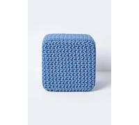Homescapes Blue Cube Cotton Knitted Pouffe Footstool