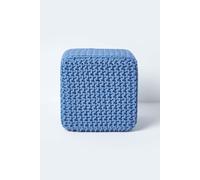 Cube Cotton Knitted Pouffe Footstool Homescapes Blue One Size