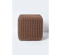 Homescapes Chocolate Brown Cube Cotton Knitted Pouffe Footstool