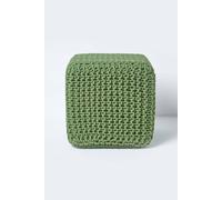 Homescapes Forest Green Cube Cotton Knitted Pouffe Footstool