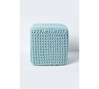 Homescapes Cube Cotton Knitted Pouffe Footstool In Duck Egg Blue Duck Egg Blue