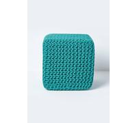 Homescapes Teal Green Cube Cotton Knitted Pouffe Footstool