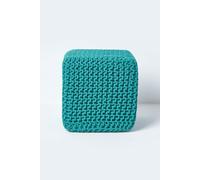 Homescapes Cube Cotton Knitted Pouffe Footstool in Green Homescapes Green