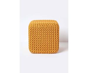 Homescapes Cube Cotton Knitted Pouffe Footstool In Mustard Mustard