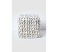 Homescapes Natural Kintted Cube Pouffe Footstool, Handmade Cotton Pouf, Ottoman, Footrest For Living Room, Bedroom Or Lounge