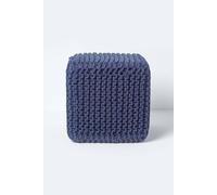Homescapes Cube Cotton Knitted Pouffe Footstool In Navy Navy
