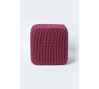 Homescapes Cube Cotton Knitted Pouffe Footstool In Plum Plum