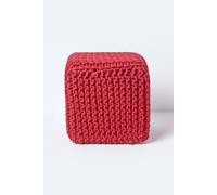 Homescapes Cube Cotton Knitted Pouffe Footstool In Red Red