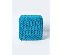 Homescapes Cube Cotton Knitted Pouffe Footstool In Teal Teal