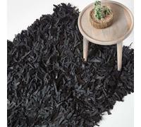 HOMESCAPES Dallas Leather Shaggy Rug - Black - 90 x 150 cm