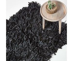 HOMESCAPES Dallas Leather Shaggy Rug - Black - 90 x 150 cm