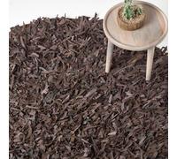 HOMESCAPES Dallas Leather Shaggy Rug - Chocolate - 150 cm Round