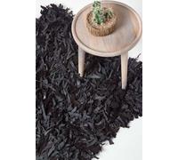 Homescapes Dallas Leather Shaggy Rug In Black Black 90cm x 150cm