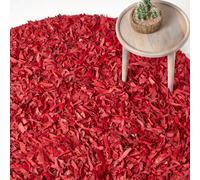 HOMESCAPES Dallas Leather Shaggy Rug - Red - 150 cm Round