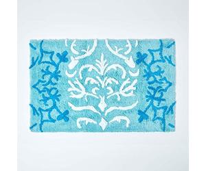 HOMESCAPES Damask Bathmat, Blue, 50 x 80 cm, 1400 GSM rug in 100% Cotton, Non Slip Spray Back, Washable at Home