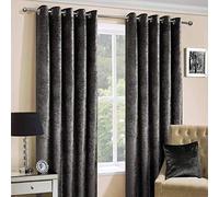 HOMESCAPES Dark Grey Crushed Velvet Lined Curtain Pair 46 x 72 Inch Drop (117 x 182 cm) Luxury Heavy Weight Contemporary Neutral Eyelet Curtains
