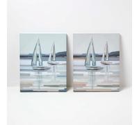 HOMESCAPES Coastal Canvas Wall Art Set, 2 Pieces, 40x50cm each, Grey Blue White Seaside Scenes