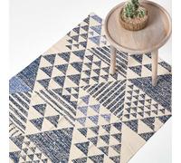 Homescapes Delphi Blue And White Geometric Style 100% Cotton Printed Rug, 90 X 150 Cm